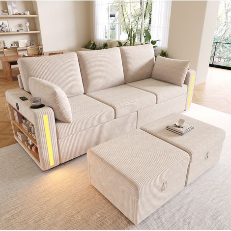 Canapé modulable U/L beige en corduroy, 2 poufs de rangement, LED, USB/Type-C, REDOM (1/5)