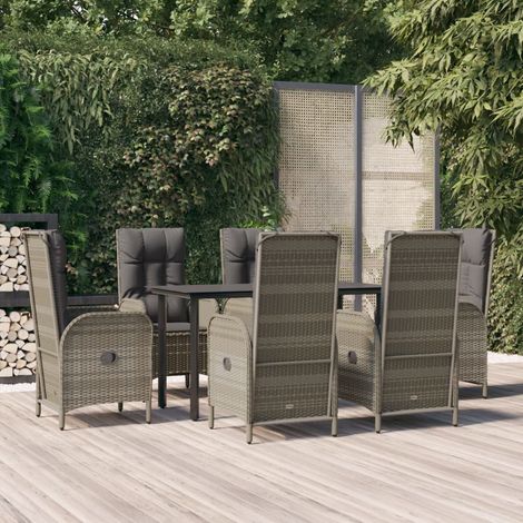 7-tlg. Garten-Essgruppe mit Kissen Schwarz und Grau Poly Rattan