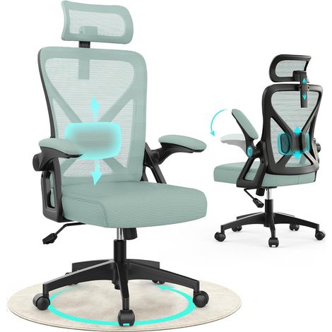 Chaise de bureau ergonomique, dossier, accoudoirs et appui-tête réglables, soutien dorsal renforcé, charge maximale de 150 kg, inclinaison à 120°, vert menthe