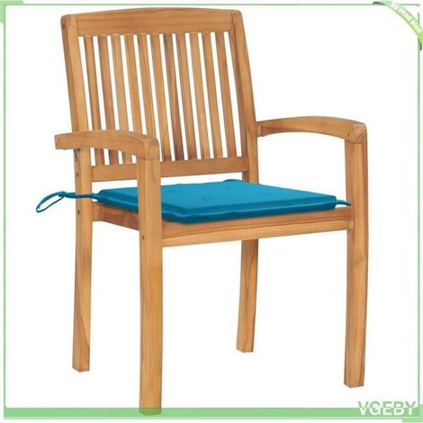 Chaises de jardin - FAFEICY - 3063256 - Bois de teck massif - Lot de 2 avec coussins bleus - Empilable, résistantes intempéries (1/5)