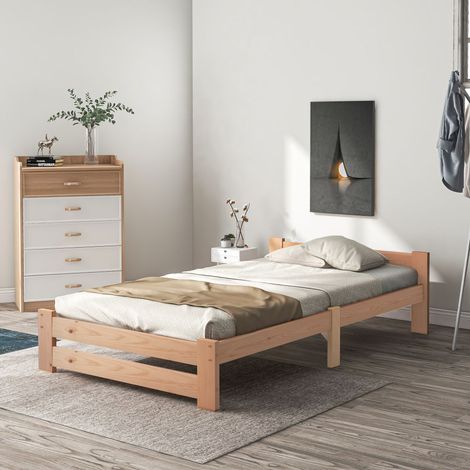 Lit en bois massif, lit futon, lit en bois massif, sommier à lattes, couleur naturelle - 200 x 90 cm (1/5)