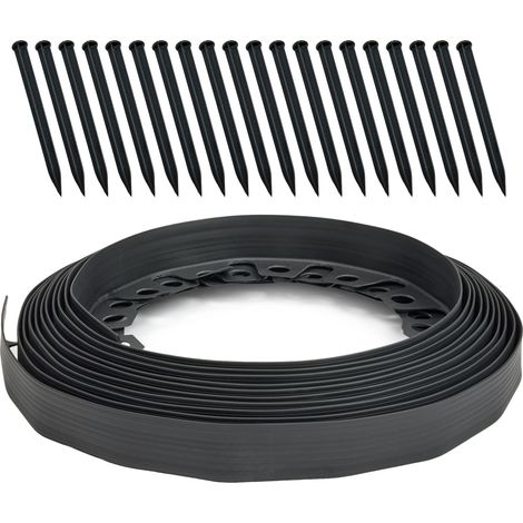 Garronda Bordure Rouleau Flexible 10 m, Hauteur 4 сm, Bordurette Jardin Plastique Noir avec 20 Piquets, Délimitation Pelouse Massifs Potager, GD-0158