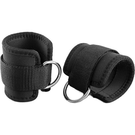Lot de 2 sangles de cheville avec anneau en D pour le renforcement des jambes, avec boucle élastique et protection pour le pied. Noir, argent et blanc. (1/3)