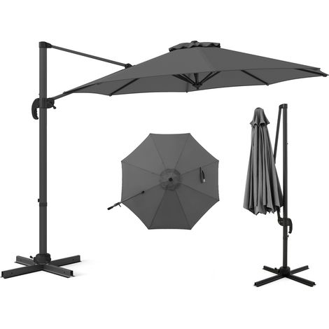 Parasol de Terrasse Rond 294 x 247 cm avec Rotation à 360°, Base en Forme de Croix, 5 Inclinaisons Réglables, 8 Baleines, Manivelle, Gris (1/5)