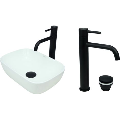 GTM Design Aufsatzwaschbecken 36 cm Glanz Set mit Waschtischbatterie und Stopfen - Aufsatzwaschbecken Oval für Badezimmer - Modernes Waschbecken ohne Hahnloch - Waschbecken mit Armature (1/5)