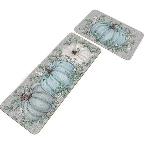 Ensemble de tapis de cuisine 2 pièces, antidérapant et lavable, motif citrouille et feuille d'érable, idéal pour Halloween et Thanksgiving. (1/5)
