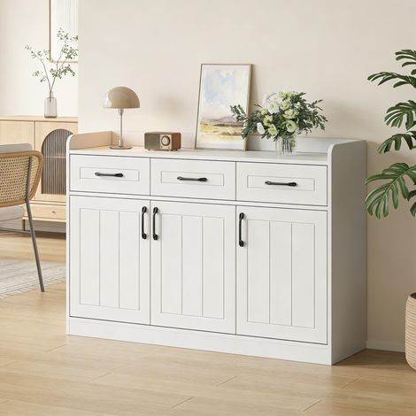 Buffet blanc en bois 120 x 35 x 80 cm avec  avec 3 tiroirs et 3 portes de rangement étagères réglables motif rayé meuble de salon