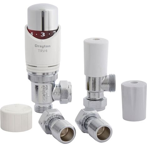 Drayton TRV4 Angled Thermostatic Radiator Valve and Lockshield - 15mm - White/Chrome