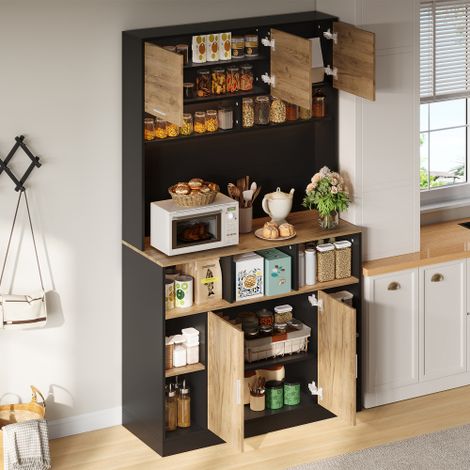 Meuble de Cuisine Haut, 105 x 40 x 180 cm, avec LED RGB, 5 Portes, Étagères Réglables, livré en 2 colis, Noir et Naturel (1/5)