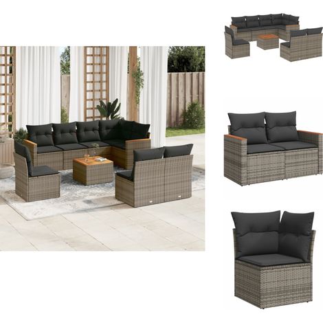 Salon de jardin 9 pcs avec coussins gris résine tressée - Ensemble Salon De Jardin - Mobilier Extérieur - Canapé Jardin - Table Jardin - Chaise Lounge (1/5)