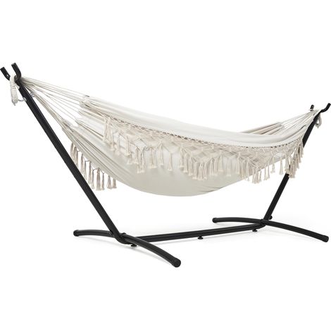 Mondeer – Hamac sur pied double réglable 6 positions – Tissu respirant 65% coton – Charge maximale 200 kg – Sac de transport inclus – Beige (1/5)