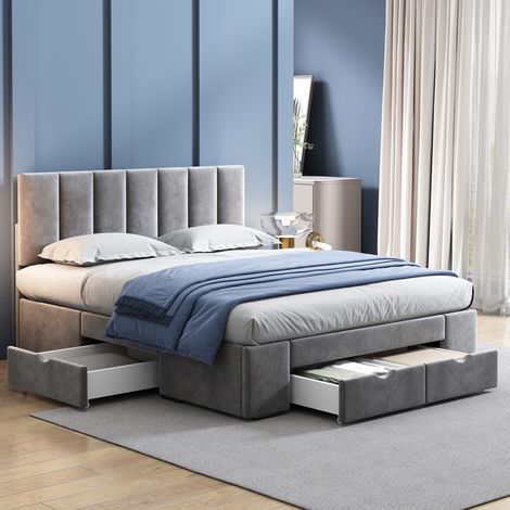 Lit avec rangement en velours gris 140x200 cm, sommier à lattes inclus, tête de lit réglable, 4 tiroirs (1/5)