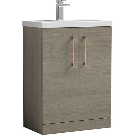 Balterley Bramshall Compact Bathroom Cloakroom Vanity Basin Unit with Ceramic Basin, Brushed Bronze Handles, 600mm, Mid Oak