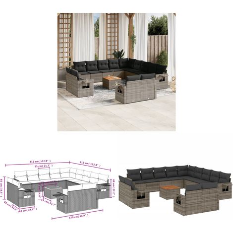 14-tlg. Garten-Sofagarnitur mit Kissen Grau Poly Rattan - Gartenmöbel Set - PE-Rattan Möbel - Outdoor Lounge - Esszimmergarnitur - Balkonmöbel - Home & Living (1/3)