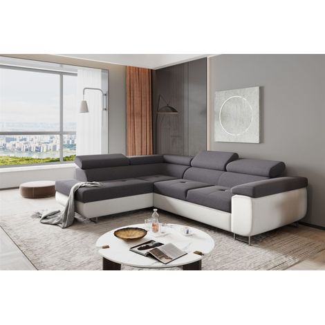 Ecksofa Sofa JADE Stoff Soft / Sawana Weiss-Dunkelgrau mit Schlaffunktion Ottomane Links (1/2)