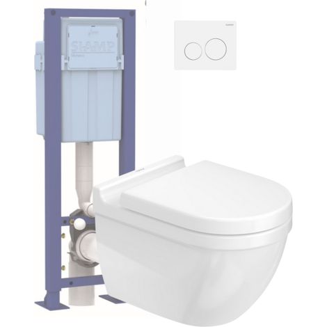 Pack inodoro suspendido DURAVIT Strack 3 sin borde con asiento freno de caída + Estructura soporte SIAMP + Mando blanco