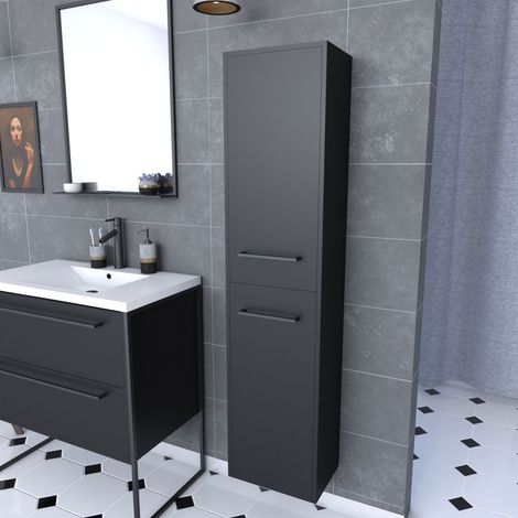 Colonna da bagno nera 30x35x150 cm con 2 ante e maniglie nero opaco (1/4)