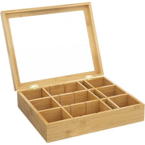 Boîte à thé en bambou - Boîte à thé - Boîte à thé à 12 compartiments - Boîte de rangement pour thé à plusieurs compartiments - Boîte à thé - Couleur bois de bambou (1/4)