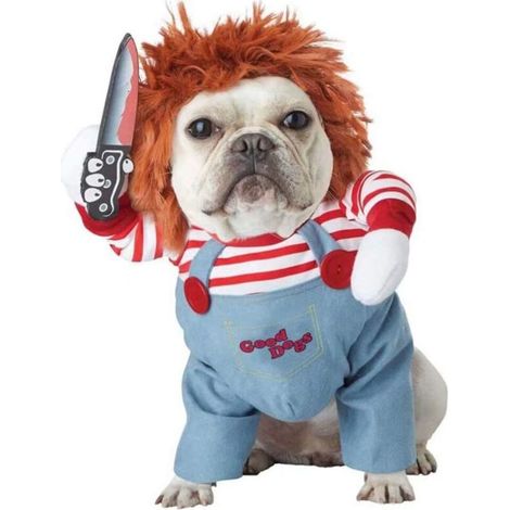 Costume da bambola della morte spaventosa per cani, cosplay di Halloween, costume da bambola Chucky per cani, con cappello divertente, abbigliamento per feste, vestito di Natale, adatto a cani di tagl