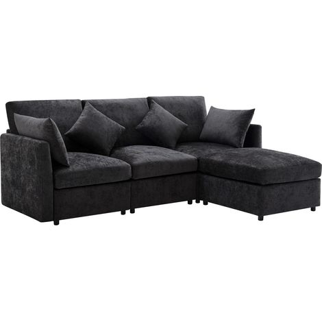 Convertible Ecksofa 3 Plätze aus Chenille mit Mobiler Pouf, Ergonomische Sitzfläche und 4 Kissen, Grau (1/5)