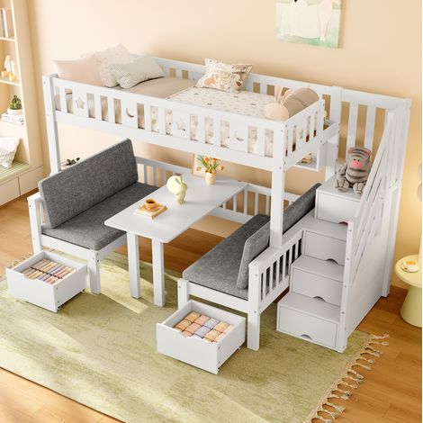 Lit mezzanine 90x200 cm avec bureau rabattable et échelle de rangement, en bois blanc, sans matelas (1/5)