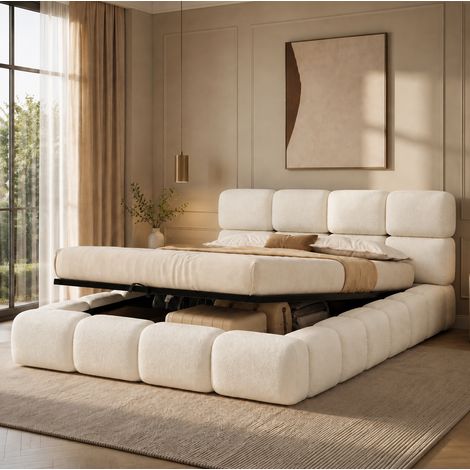 Cama doble tapizada 180x200 cm con almacenaje hidráulico y somier blanco bouclé OKWISH (1/5)