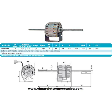 RPM 11020013 Motore 250 W BIALBERO 3 Velocità aspiratore Fan Coil