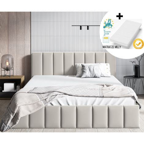 Sofello Polsterbett nach Maß 160 x 200 + Taschenfederkernmatratze + REINTRAGEN Bett mit Metall-Lattenrost mit Stauraum und Bettkasten BEIGE Velour (1/5)