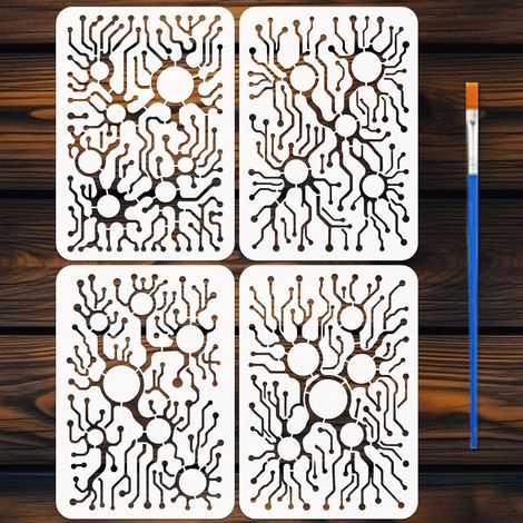 4Pièces Pochoirs Motifs Circuits Avec Un Pinceau 21x29,7cm Pochoir Circuit Imprimé Pochoirs Croquis Électronique Modèle Plastique pour Peinture Sur Bois Mur Meubles Décoration Intérieure (1/5)