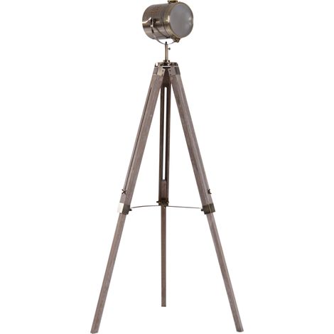 Industrial Tripod Floor Lamp, Nautical Searchlight with Adjustable Height, Wood Legs, E14 Lamp Base for Living Room, Bedroom, Grey and Bronze