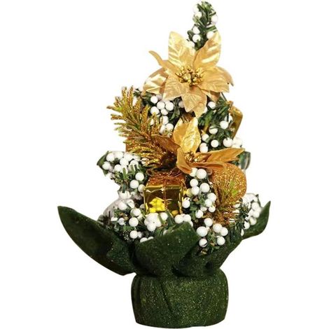 Sapin de Noël artificiel miniature de 20 cm à poser sur une table, orné de boules et de décorations colorées. Petit sapin idéal pour la décoration intérieure et les fêtes de fin d'année (doré).