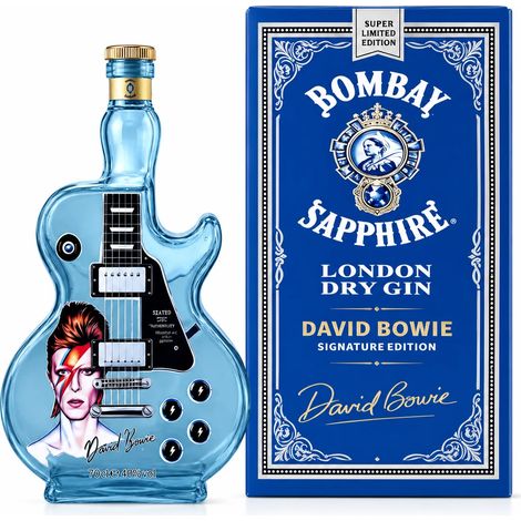 (A) Bouteille de gin Bombay Sapphire en forme de guitare David Bowie, objet de collection pour les fans de rock, carafe décorative, cadeau idéal (1/5)