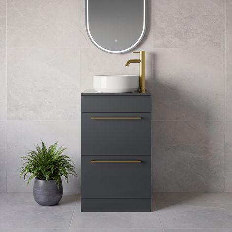 Napoli 390 Gloss Grey 500mm 2 Drawer Vanity Unit for Countertop Basins - 500mm - Brushed Brass 320mm Handle
