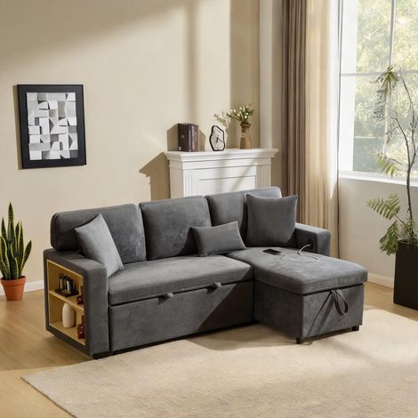 Canapé d'angle convertible avec rangement et étagère tissu (1/5)