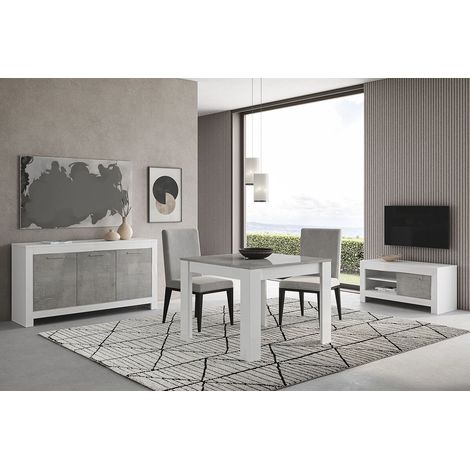 DENAE - Ensemble Salon Séjour Blanc et Gris Marbré Meuble TV + Buffet 3 Portes + Table 100cm (1/5)
