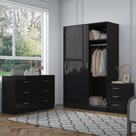 Reflect 2 Door Sliding Wardrobe, 6 Drawer Wide Chest, 3 Drawer Bedside - Black Gloss & Black Oak - Modern Bedroom Furniture Set