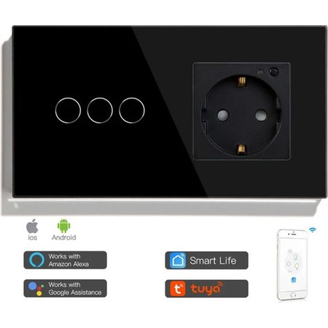 Tuya Interruttore Touch con Presa a Muro Smart WiFi Nero Dimensione: 3 Pulsanti