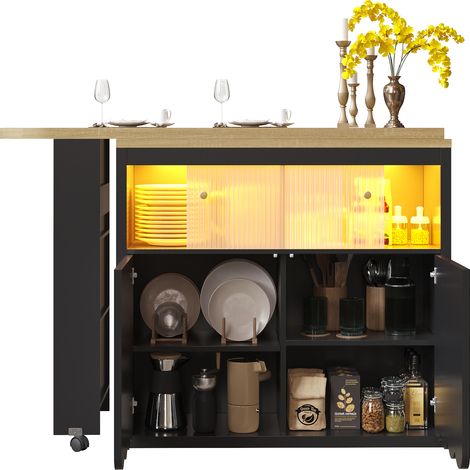 Mesa de Bar Extensible con Almacenaje, LED, USB y Puerta Corredera de Vidrio, MDF, Negro, 135-205x39x100 cm (1/5)
