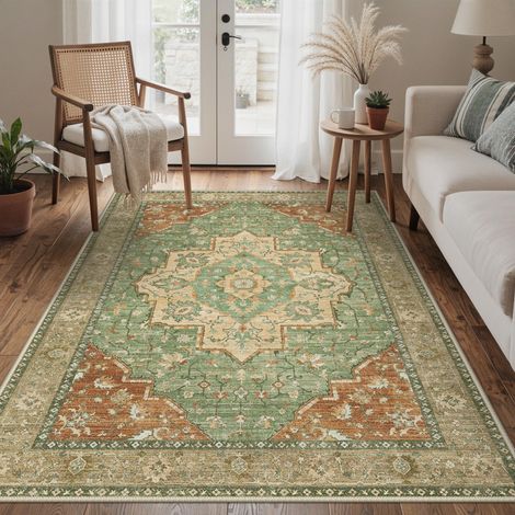 Tapis Salon Vintage 200x290cm Lavable en Machine Rug AntidéRapant Poil Ras, pour Chambre Salle a Manger Descente de Lit Bureau, Cuisine, Vert Rougeâtre Rétro (1/5)