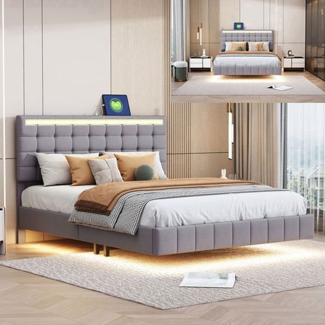 Bett 140x200 cm, AABBF, USB, LED, Leinenstoff, Doppelbettgestell 140x200 cm, grau