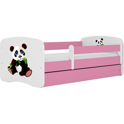Lit enfant et junior 80 x 160 cm avec tiroir et barrière amovible, motif Panda, rose (1/4)