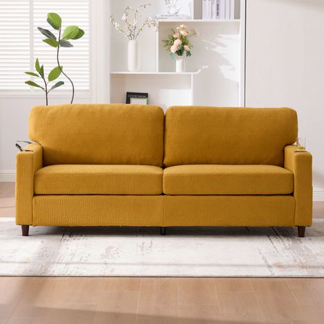 Canapé moderne 2 places 203x77.5x86 cm -avec port USB-C, LED, porte-gobelets et poches latérales-Jaune (1/5)