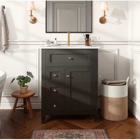 Mueble de baño 61x47x86 cm de MDF negro, lavabo de cerámica y almacenaje práctico – MEUBLIV (1/5)