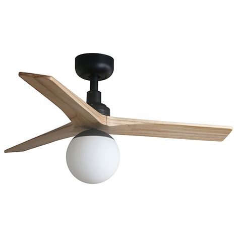 Faro Barcelona – Ventilateur de plafond noir en bois de chêne clair – 6 vitesses – Moteur DC E27 – Indice IP20 – Diamètre 92,5 cm – Hauteur 40,8 cm
