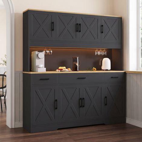 Modernluxe - Buffet de cuisine 150x40x180 cm - avec LED et port USB - 8 portes et 3 tiroirs - 2 porte-verres à vin - Noir et chêne (1/5)