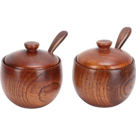 Lot de 2 pots à épices japonais rétro en bois avec couvercle et cuillère pour la cuisine (1/4)