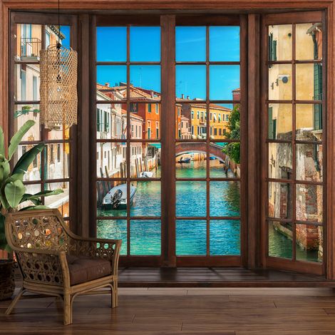 Papier peint panoramique Trompe l'oeil Fenêtre en bois - Venise - 195 cm x 156 cm (1/5)