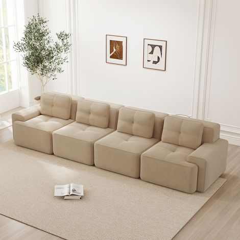 Canapé nuage 4 places en velours côtelé beige, modulable et sans structure pour salon, profond, confortable, antidérapant, prêt à l'emploi, sans assemblage (1/5)