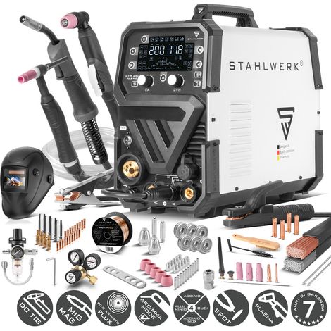 STAHLWERK Saldatrice combinata 6-in-1 CTM-250 Puls Pro – Set completo – TIG, MIG/MAG, MMA & FLUX fino a 200A, plasma (CUT) fino a 45A, avanzamento sinergico (1/5)