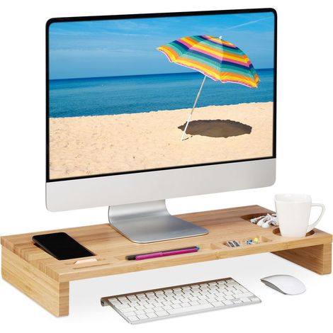 Support d’écran en bambou pour PC portable – Rehausseur ergonomique HLP 8,5x60x30 cm – 7 compartiments pour bureau – Charge max 15 kg (1/5)